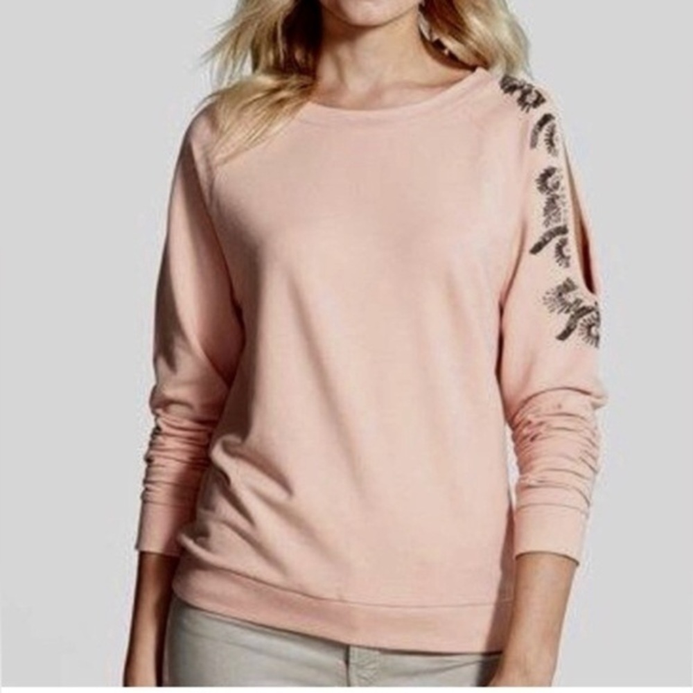 Chelsea28 crewneck Embellished Cutout Sleeve Sweatshirt pale millennial pink
